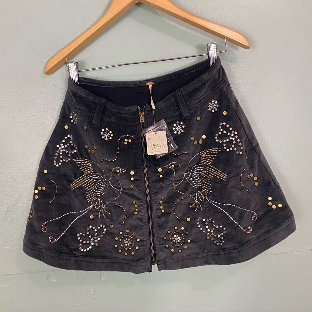 Free People Quetzal Studded Mini Skirt Embellished Beaded Birds Size 2